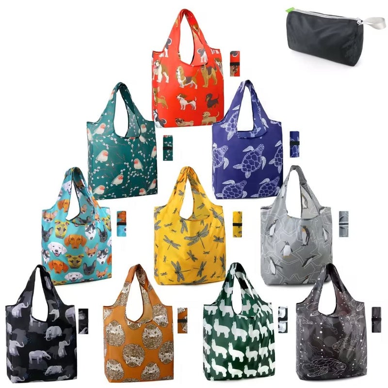 BeeGreen Animal Reusable Shopping Bags Grocery Totes 10 Pack with Zipper Carry Pouch Cute Shopper Bags XLarge Machine Washable Durable Gifts for Animal Lovers Women - Image 1